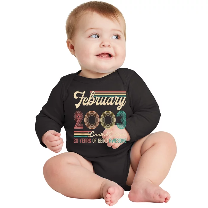 20 Years Old Gifts Vintage February 2003 20th Birthday Baby Long Sleeve Bodysuit