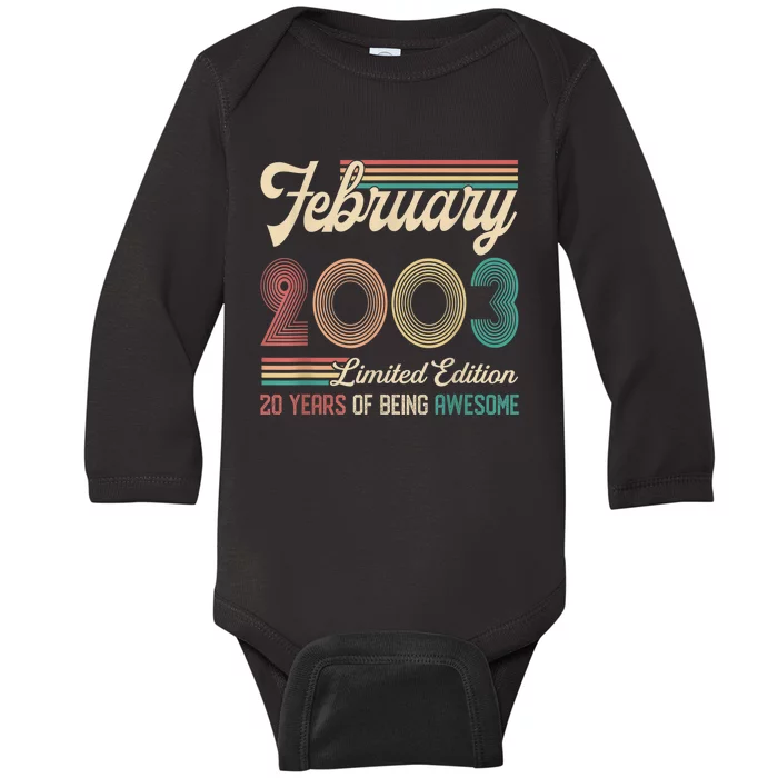 20 Years Old Gifts Vintage February 2003 20th Birthday Baby Long Sleeve Bodysuit