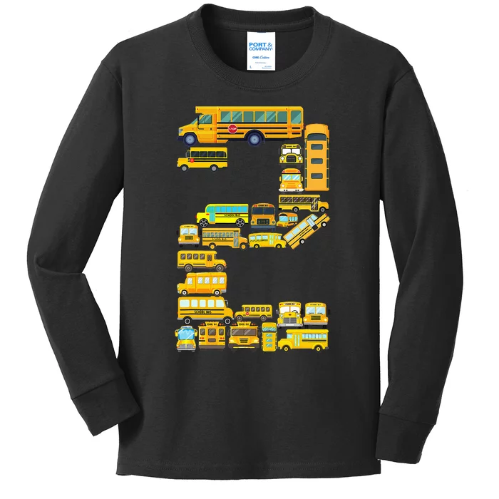 2 Year Old 2nd Birthday School Bus Theme Kids Party Kids Long Sleeve Shirt