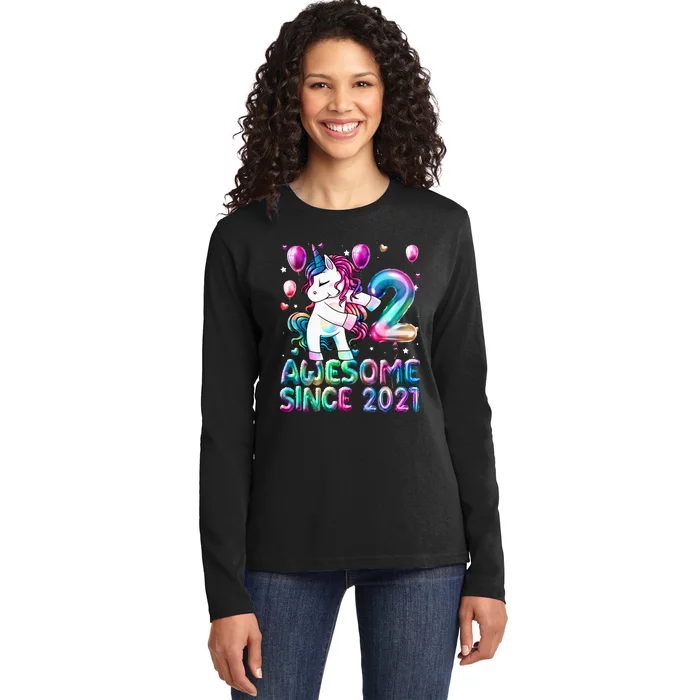 2 Years Old Unicorn Flossing 2nd Birthday Girl Unicorn Party Ladies Long Sleeve Shirt