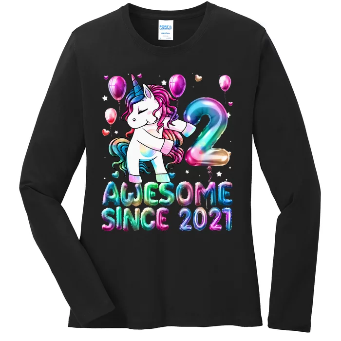 2 Years Old Unicorn Flossing 2nd Birthday Girl Unicorn Party Ladies Long Sleeve Shirt