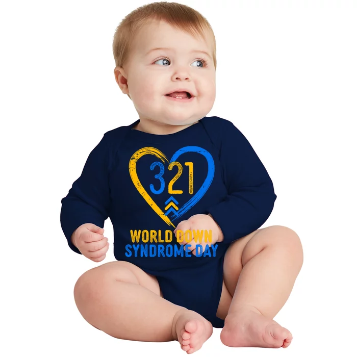 321 World Down Syndrome Day Blue And Yellow Painted Heart Baby Long Sleeve Bodysuit