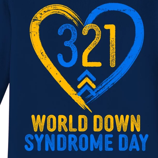 321 World Down Syndrome Day Blue And Yellow Painted Heart Baby Long Sleeve Bodysuit