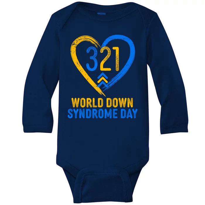 321 World Down Syndrome Day Blue And Yellow Painted Heart Baby Long Sleeve Bodysuit