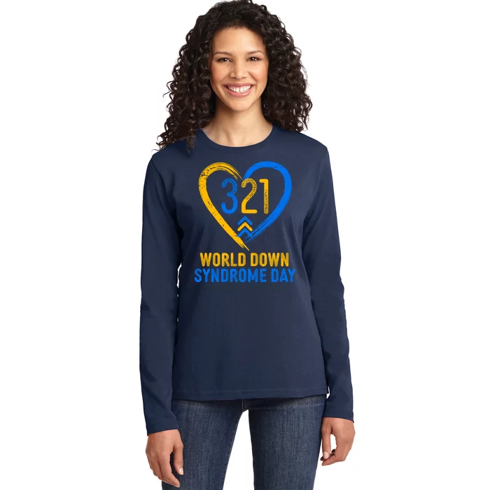 321 World Down Syndrome Day Blue And Yellow Painted Heart Ladies Long Sleeve Shirt