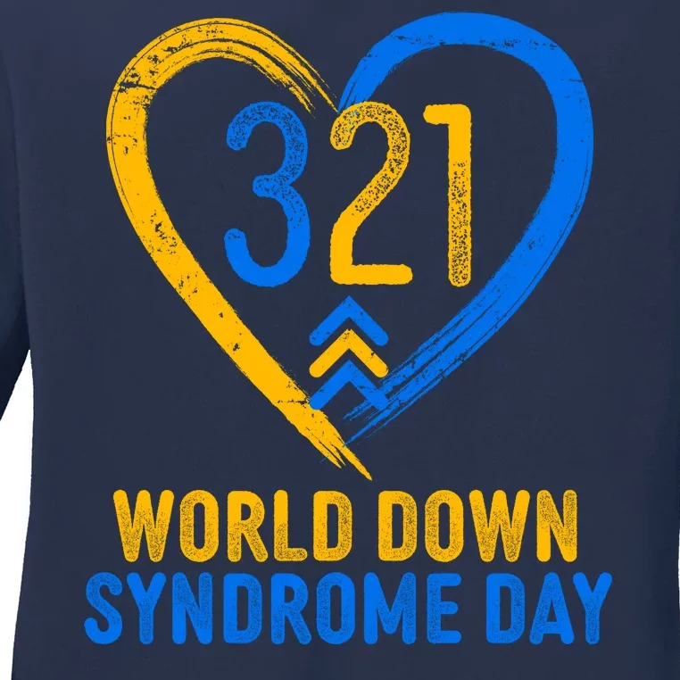 321 World Down Syndrome Day Blue And Yellow Painted Heart Ladies Long Sleeve Shirt