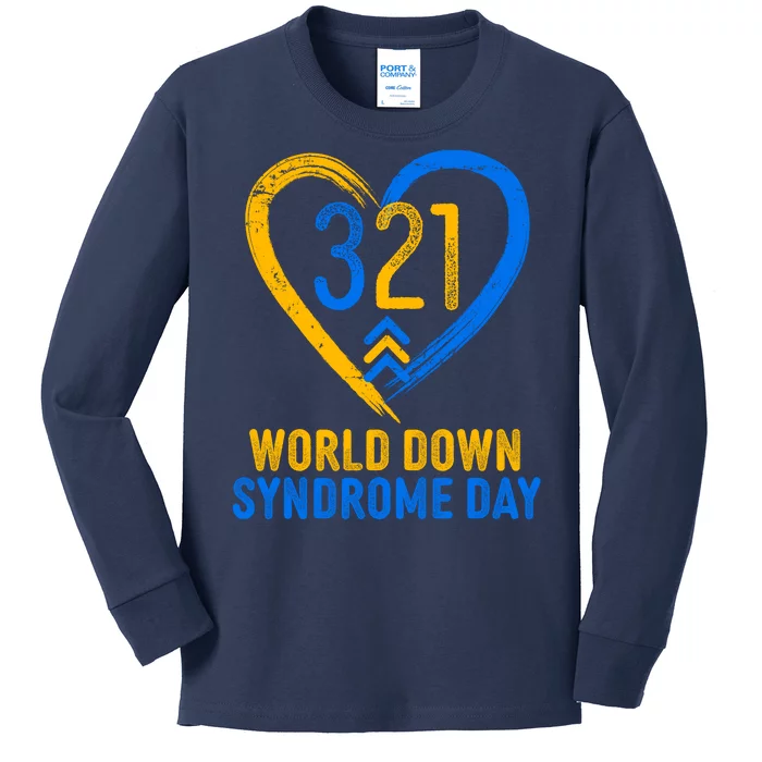 321 World Down Syndrome Day Blue And Yellow Painted Heart Kids Long Sleeve Shirt