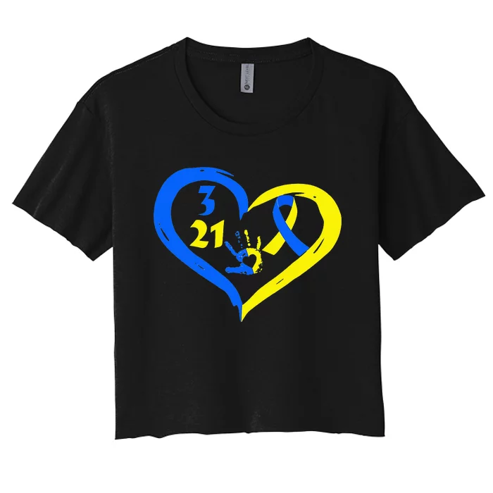 3 21 World Down Syndrome Awareness Day Heart March 21st Women's Crop Top Tee