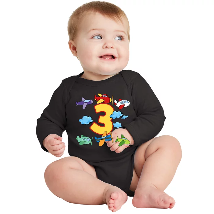 3rd Birthday Boy Airplane Pilot 3 Years Birthday Baby Long Sleeve Bodysuit