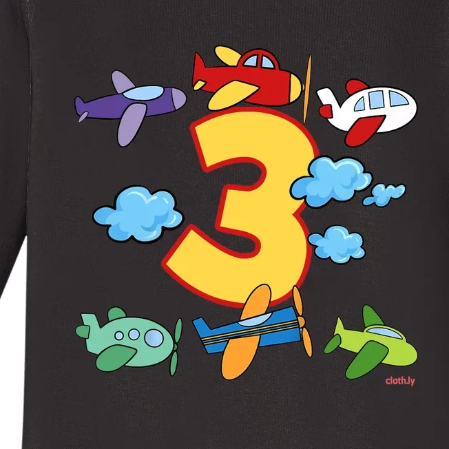 3rd Birthday Boy Airplane Pilot 3 Years Birthday Baby Long Sleeve Bodysuit