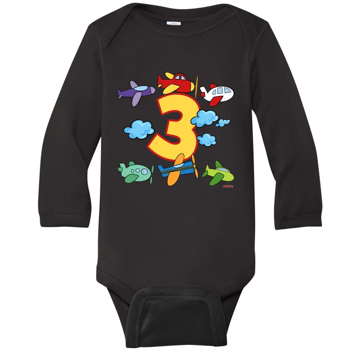 3rd Birthday Boy Airplane Pilot 3 Years Birthday Baby Long Sleeve Bodysuit