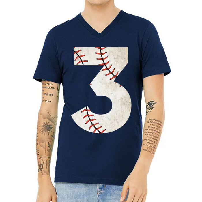 3rd Birthday Baseball Big Number Three 3 Year Old V-Neck T-Shirt