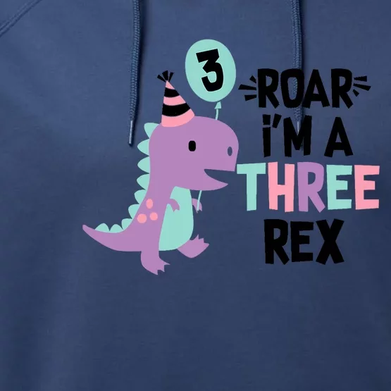 3rd Birthday Dinosaur Girl T-Rex Matching Family Party Three Performance Fleece Hoodie