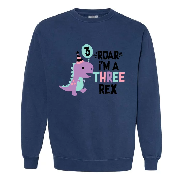 3rd Birthday Dinosaur Girl T-Rex Matching Family Party Three Garment-Dyed Sweatshirt