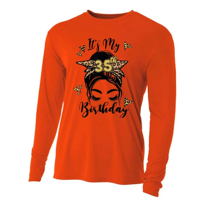 35th Birthday Decorations Girl Messy Bun 35 Years Old Bday Cooling Performance Long Sleeve Crew