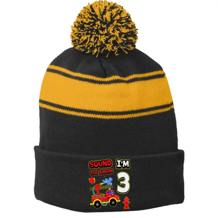 3rd Birthday Fire Truck 3 Year Old Firefighter Stripe Pom Pom Beanie