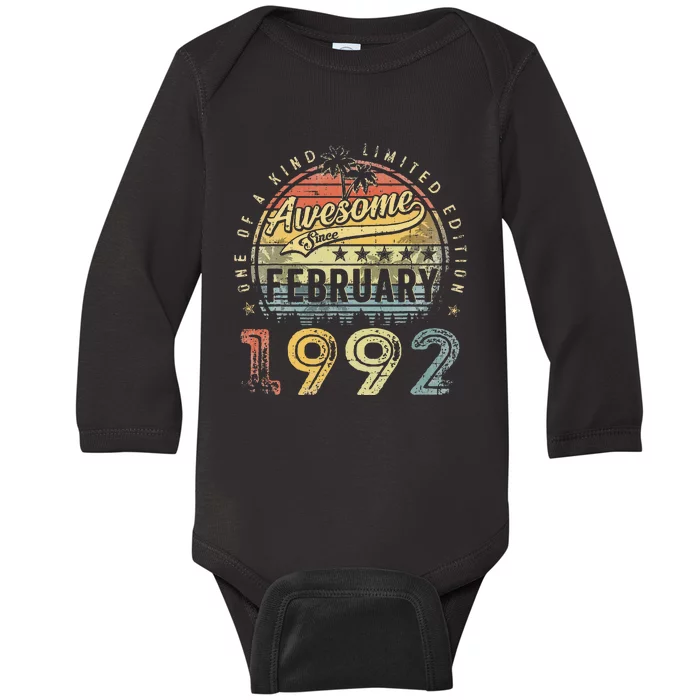 31st Birthday Gift Awesome Since February 1992 31 Year Old Baby Long Sleeve Bodysuit