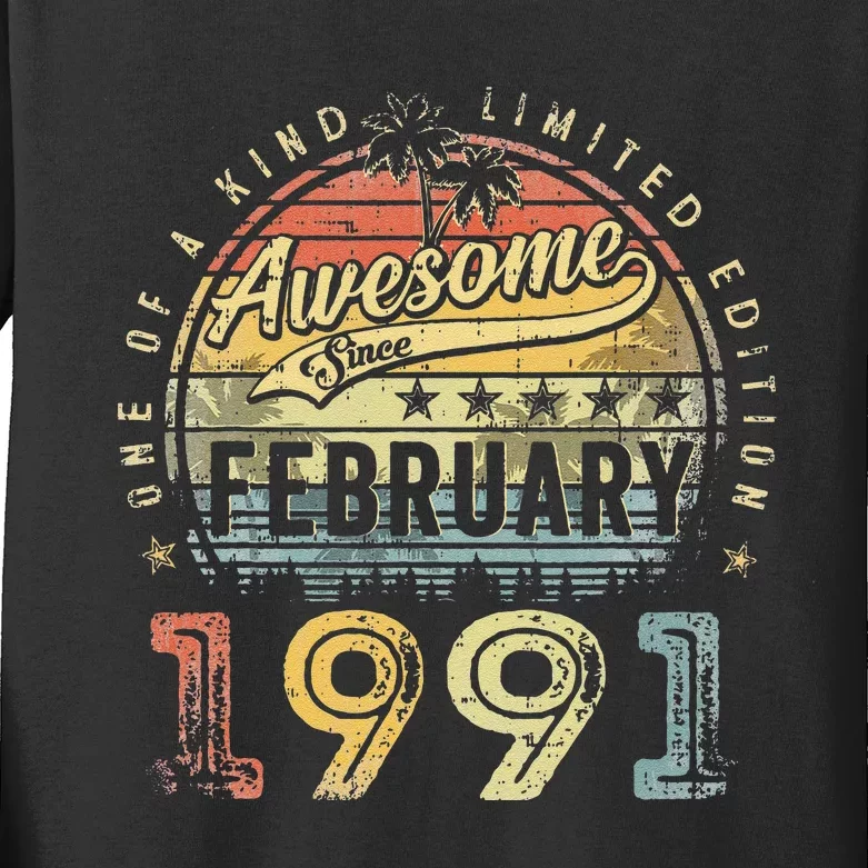 32nd Birthday Gift Awesome Since February 1991 32 Year Old Kids Long Sleeve Shirt