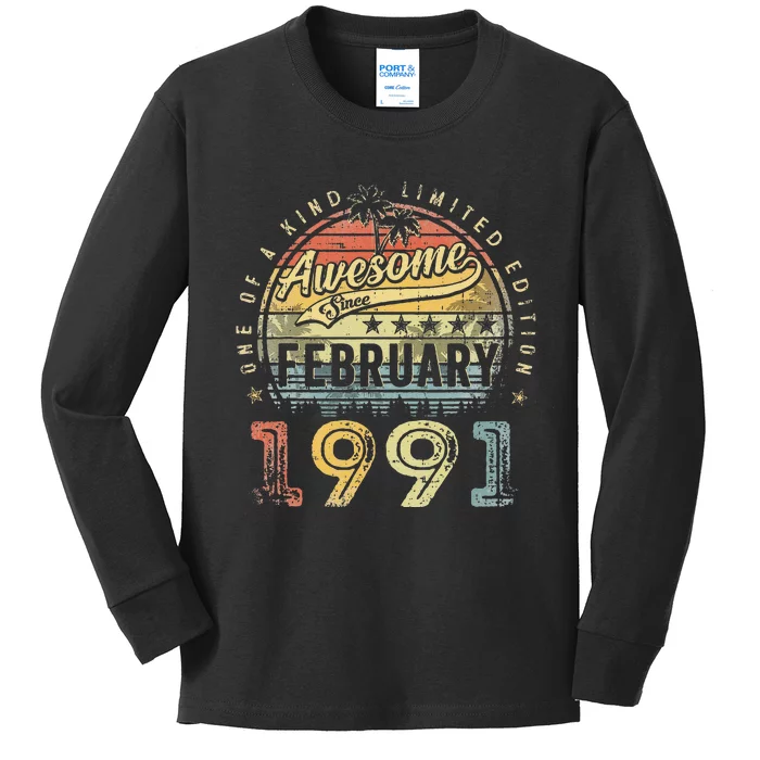 32nd Birthday Gift Awesome Since February 1991 32 Year Old Kids Long Sleeve Shirt