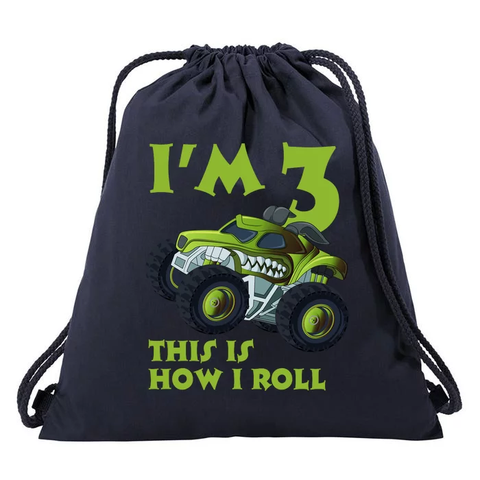 3th Birthday Green Monster Truck 3 Years Old Gift Drawstring Bag