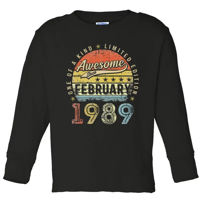 34th Birthday Gift Awesome Since February 1989 34 Year Old Cute Toddler Long Sleeve Shirt