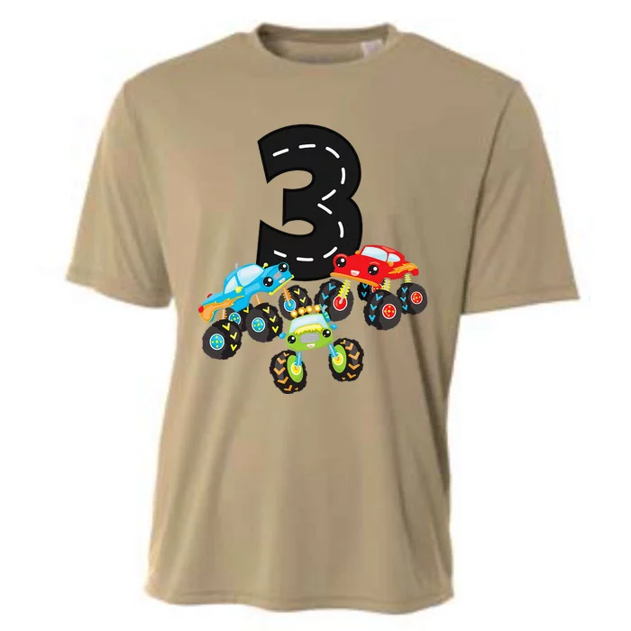 3rd Birthday Three Monster Trucks Number 3 Birthday Cooling Performance Crew T-Shirt