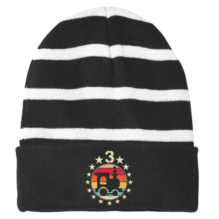 3rd Birthday Train Third 3 Year Old Birthday Striped Beanie with Solid Band