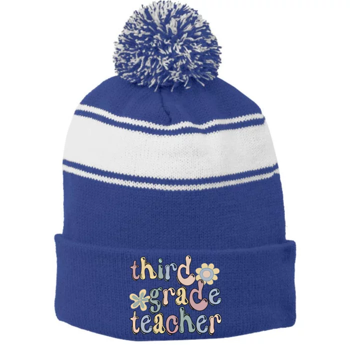 3Rd Grade Teacher Third Grade Teacher Groovy Gift Stripe Pom Pom Beanie