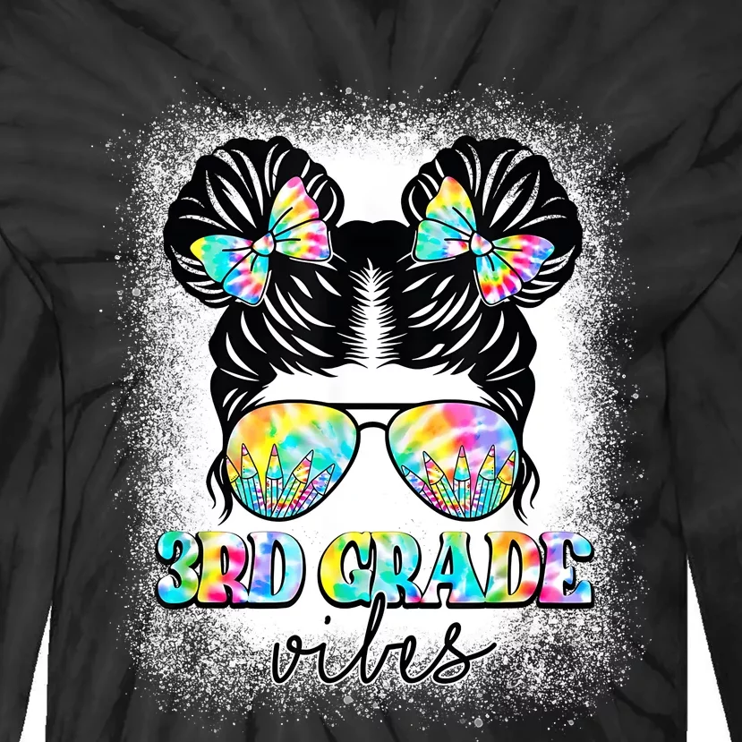 3rd Grade Vibes Messy Hair Bun Girl Back To School First Day Tie-Dye Long Sleeve Shirt