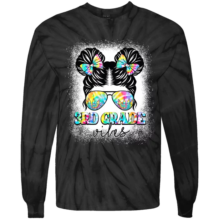 3rd Grade Vibes Messy Hair Bun Girl Back To School First Day Tie-Dye Long Sleeve Shirt