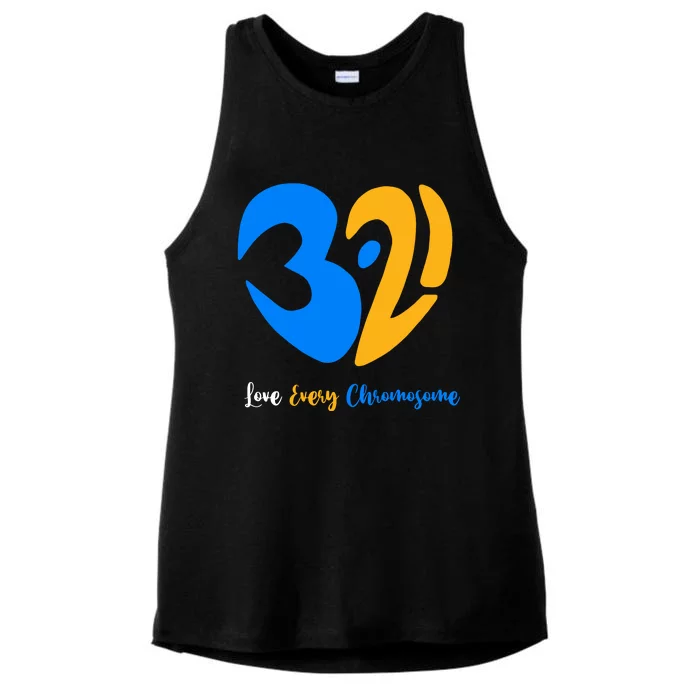 321 Love Every Chromosome T21 Down Syndrome Awareness Yellow Blue Ribbon Ladies Tri-Blend Wicking Tank