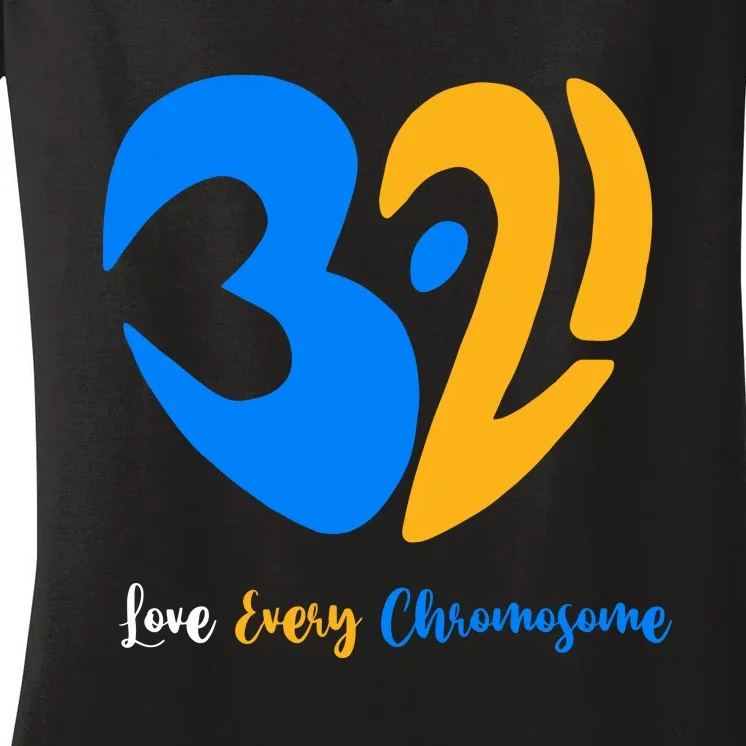 321 Love Every Chromosome T21 Down Syndrome Awareness Yellow Blue Ribbon Women's V-Neck T-Shirt