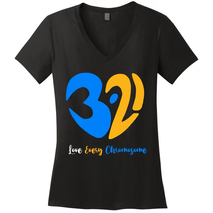 321 Love Every Chromosome T21 Down Syndrome Awareness Yellow Blue Ribbon Women's V-Neck T-Shirt