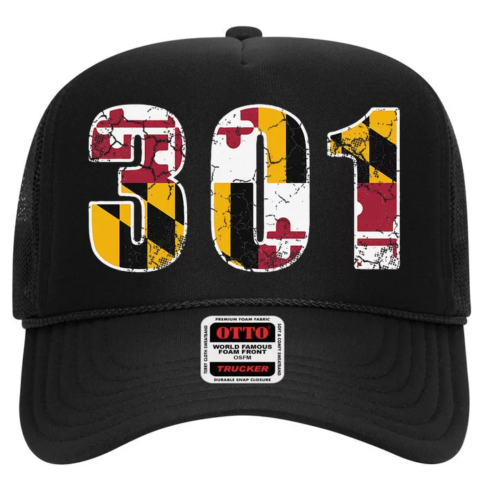 301 Maryland State Flag Home Family Vintage Distressed High Crown Mesh Trucker Hat