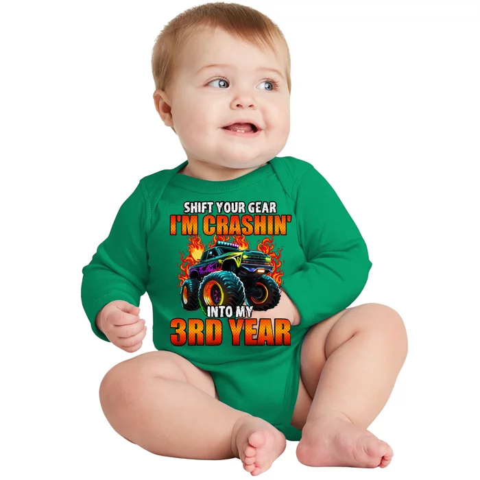 3rd Monster Truck Birthday Party Birthday Baby Long Sleeve Bodysuit