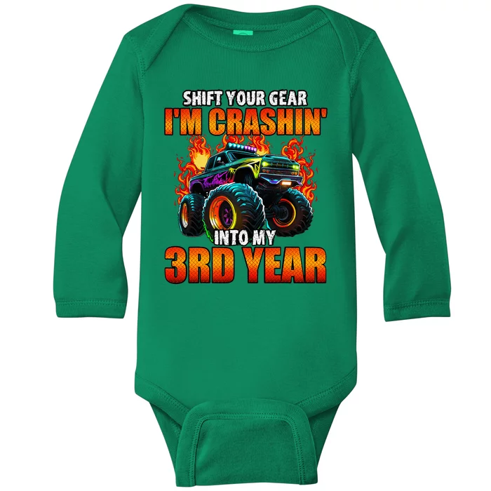 3rd Monster Truck Birthday Party Birthday Baby Long Sleeve Bodysuit