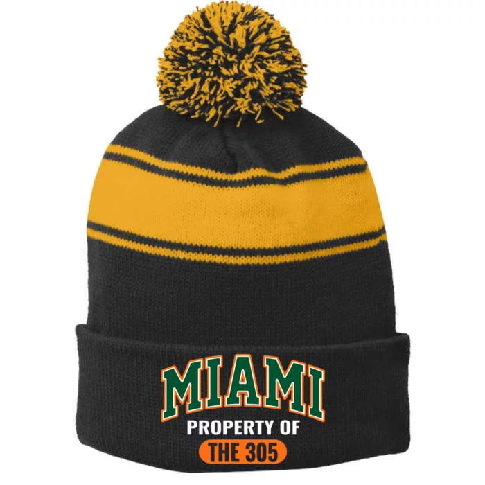 305 Miami Vibes Urban Style Miami Beach Graphic Design Stripe Pom Pom Beanie