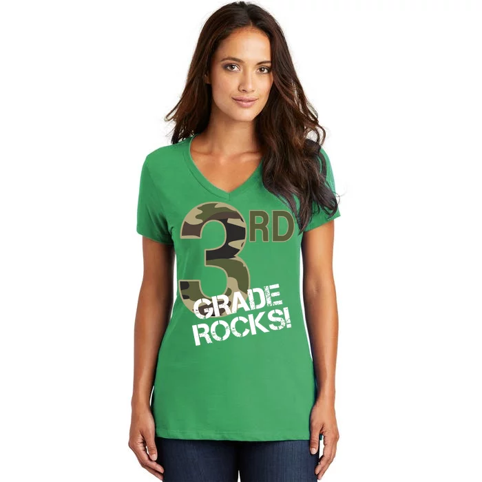 3rd Grade Rocks Camo Women's V-Neck T-Shirt