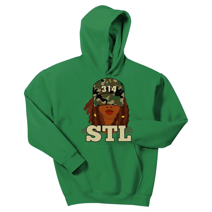 314 Stl St. Louis Black Woman Locs Camo Kids Hoodie