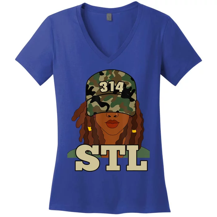 314 Stl | St. Louis Black Woman Locs Camo Women's V-Neck T-Shirt