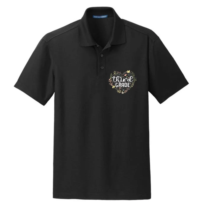 3rd Third Grade Floral Heart Back To School Teacher Dry Zone Grid Performance Polo