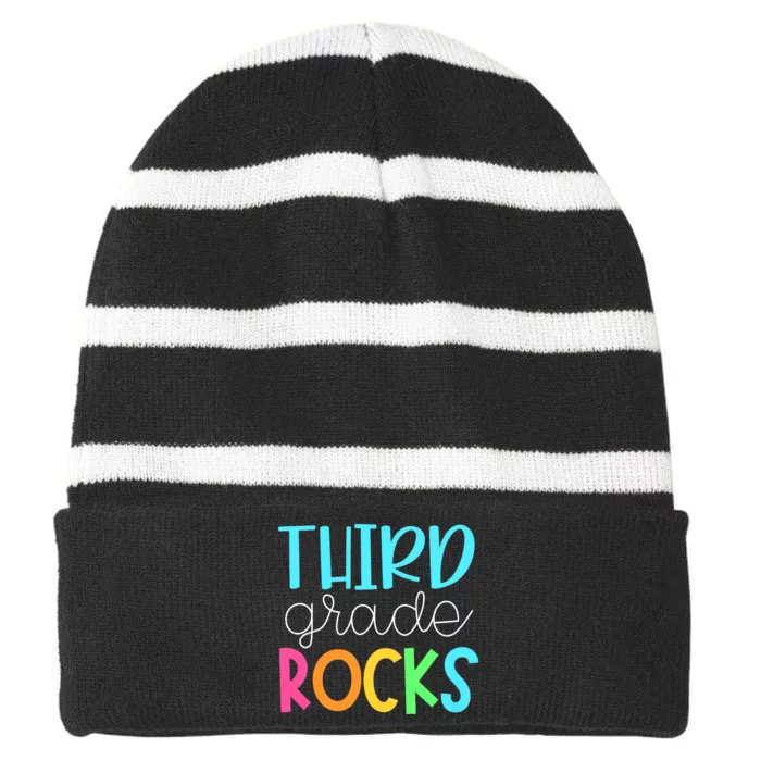 3rd Teacher Team Third Grade Rocks First Day Of Back To School Striped Beanie with Solid Band