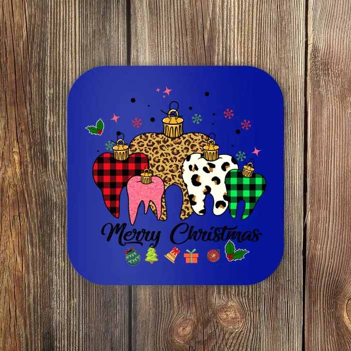 3 Three Teeth Merry Christmas Leopard Buffalo Plaid Pattern Funny Gift Coaster