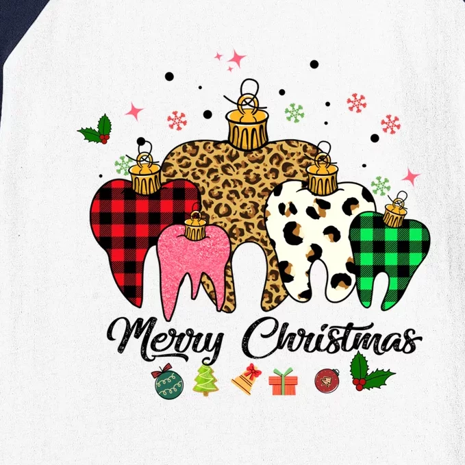 3 Three Teeth Merry Christmas Leopard Buffalo Plaid Pattern Funny Gift Baseball Sleeve Shirt