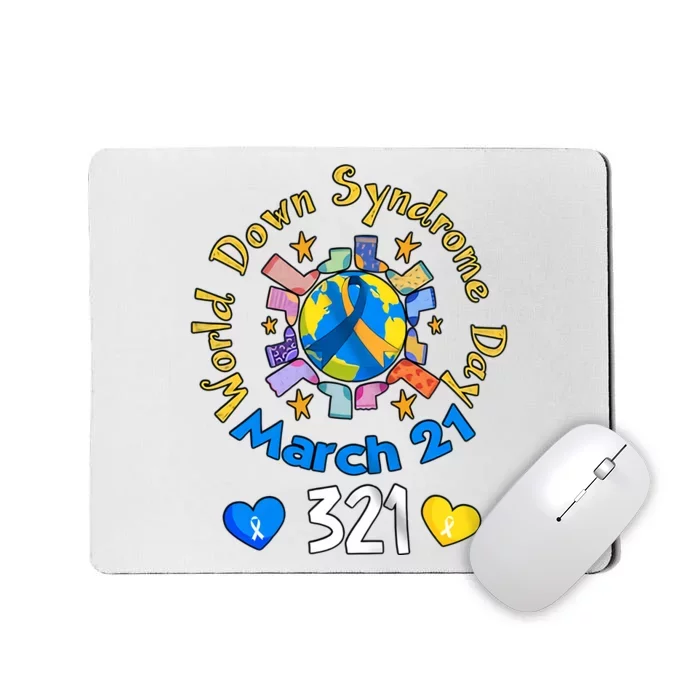 321 World Down Syndrome Day Awareness T21 Trisomy 21 Yellow Blue Ribbon Mousepad