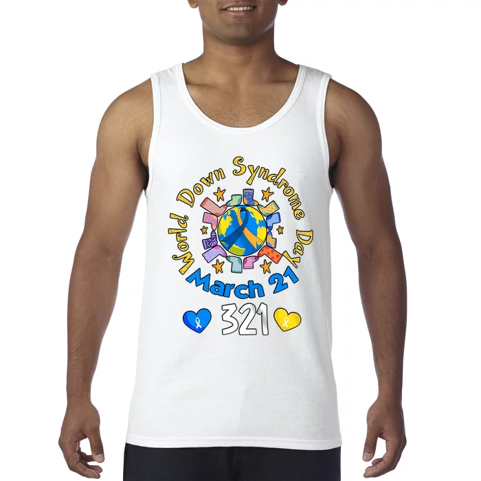 321 World Down Syndrome Day Awareness T21 Trisomy 21 Yellow Blue Ribbon Tank Top