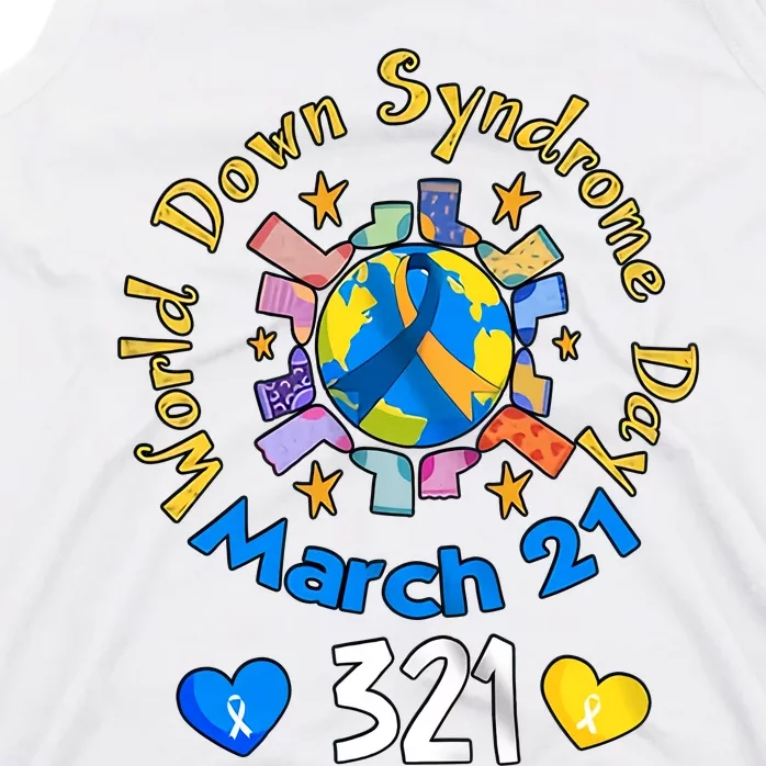 321 World Down Syndrome Day Awareness T21 Trisomy 21 Yellow Blue Ribbon Tank Top