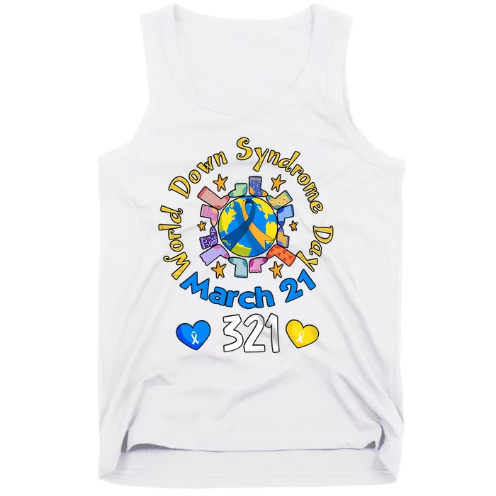 321 World Down Syndrome Day Awareness T21 Trisomy 21 Yellow Blue Ribbon Tank Top