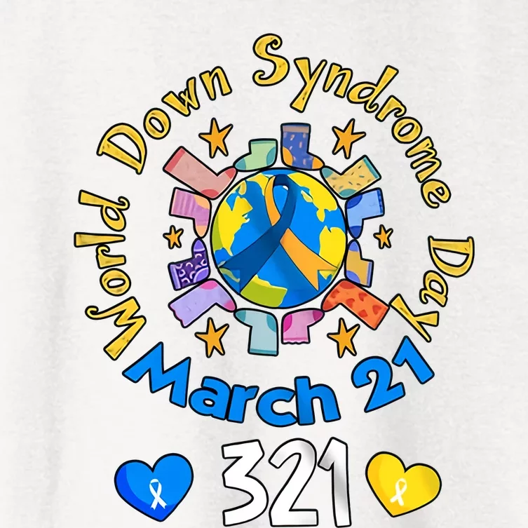 321 World Down Syndrome Day Awareness T21 Trisomy 21 Yellow Blue Ribbon Women's Crop Top Tee