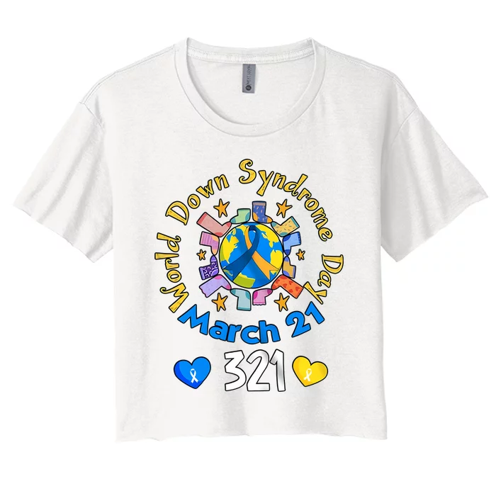 321 World Down Syndrome Day Awareness T21 Trisomy 21 Yellow Blue Ribbon Women's Crop Top Tee